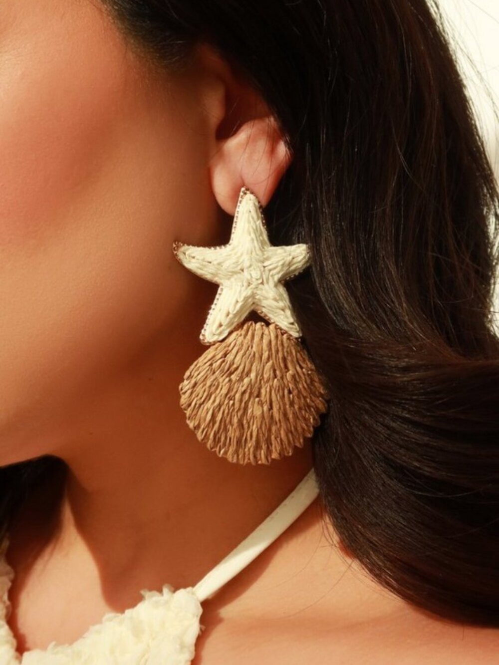 Straw Starfish & Shell Sea Life Earrings - Picture 3 of 7